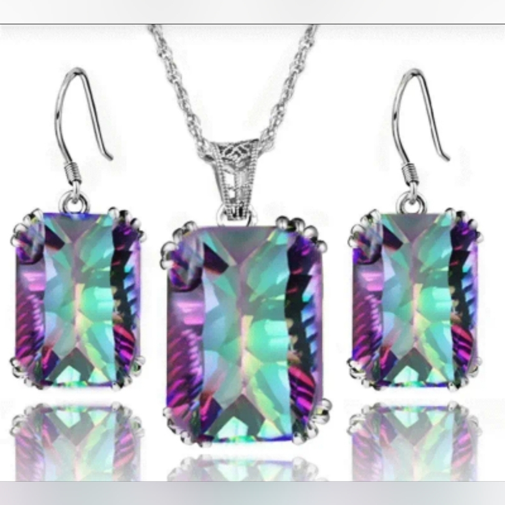 Multicolored Crystal jewelry set  rectangular shaped pendant with earrings